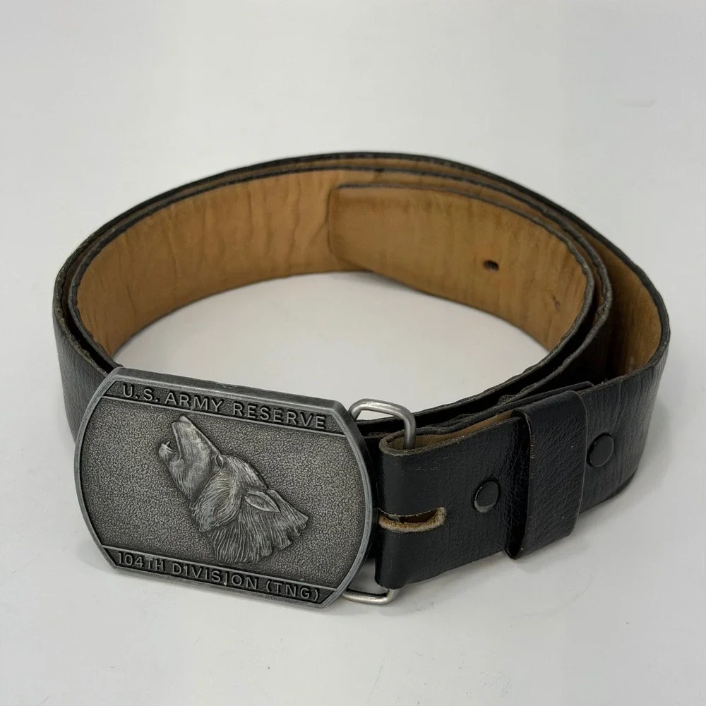 US Army Reserve 104th Division Wolf Belt Buckle Black Leather Strap Mens Size 38